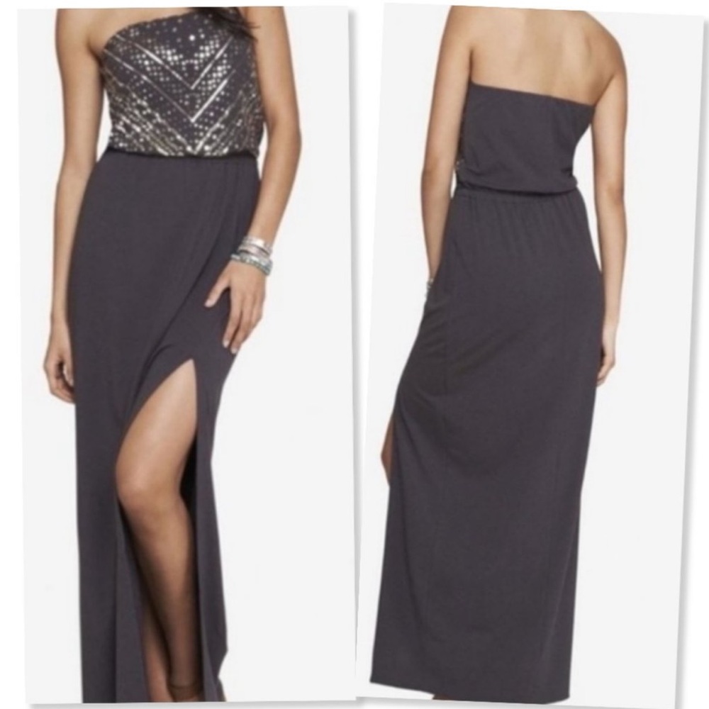 Express women’s sm gray strapless maxi dress with gold sequins and leg slit.